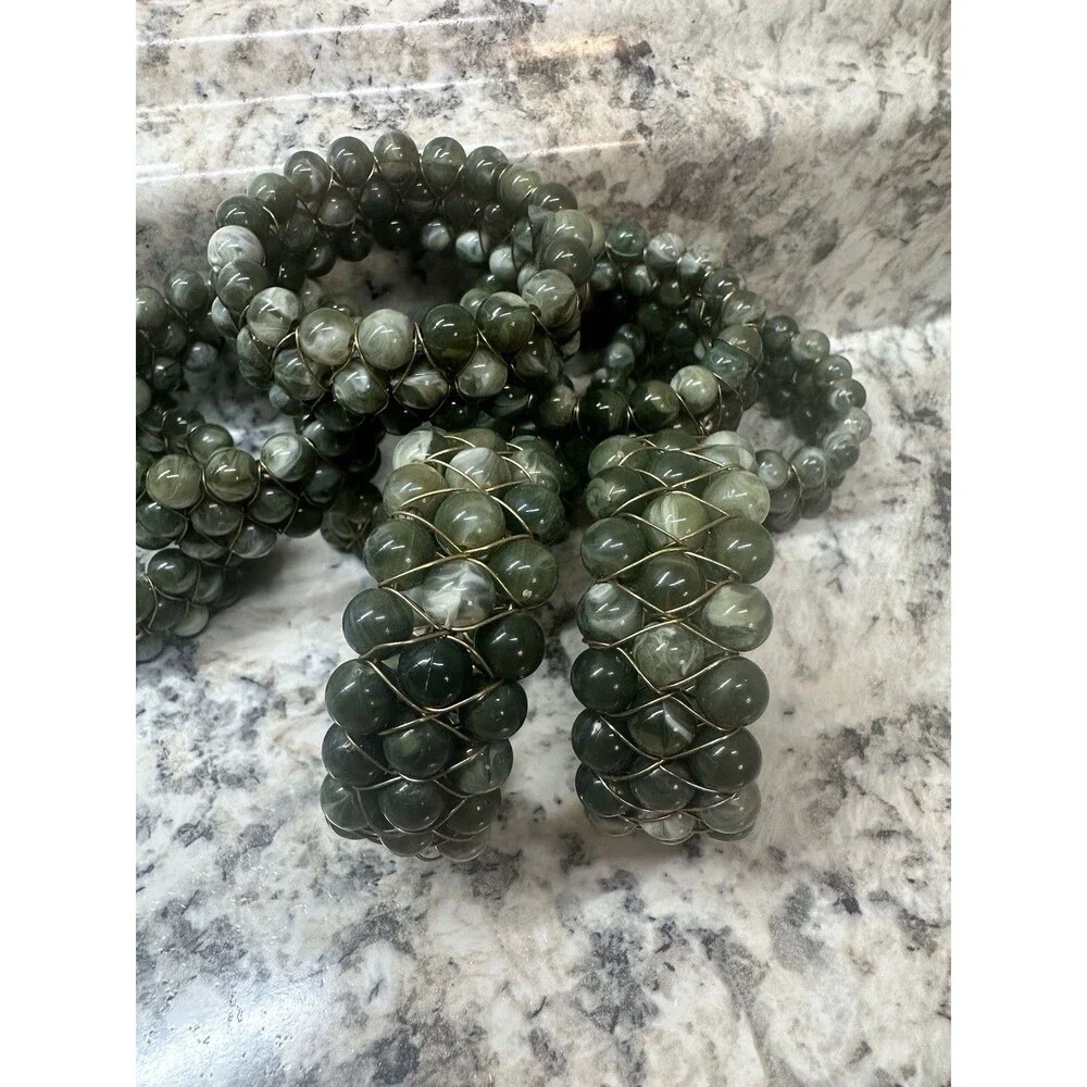 Coastal Sea Green Marbled Stone Bead Gold Wire Napkin Rings Set of 8